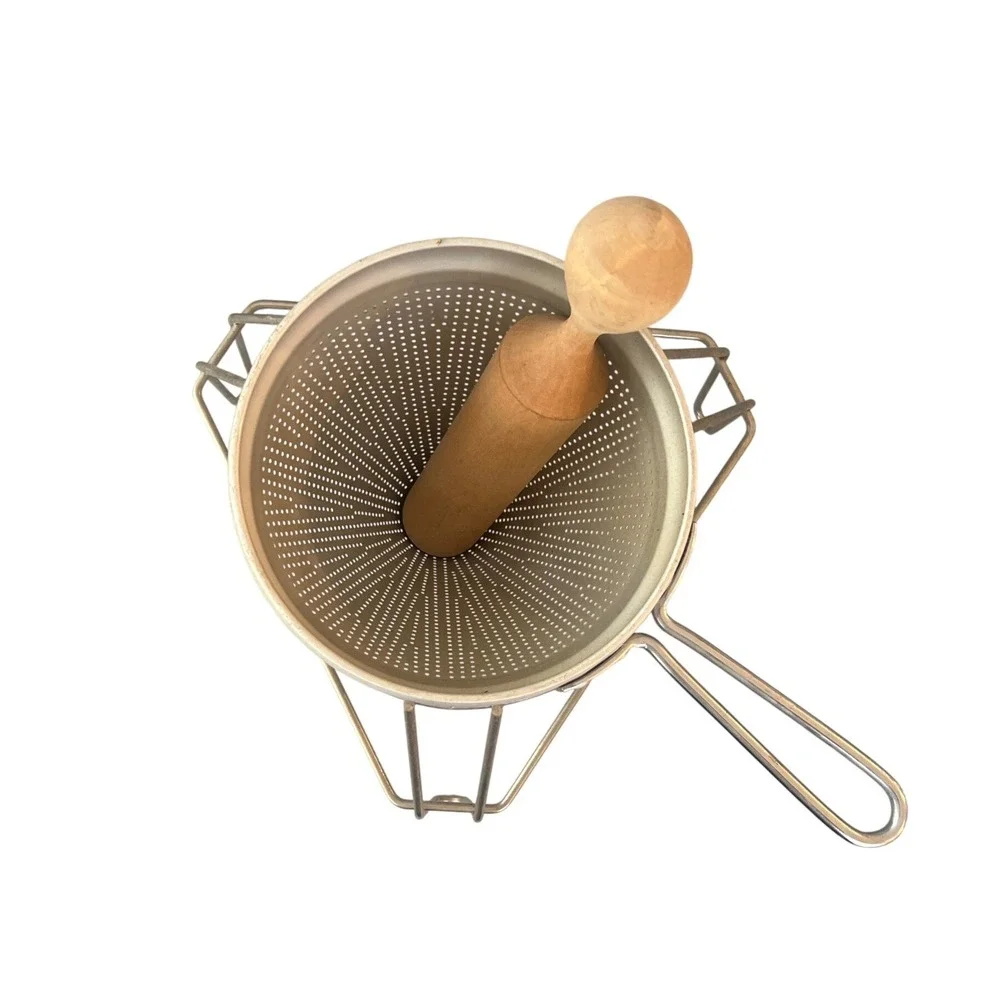 Vintage Aluminum Chinois Strainer Set with Wire Stand and Wooden Pestle Sieve
